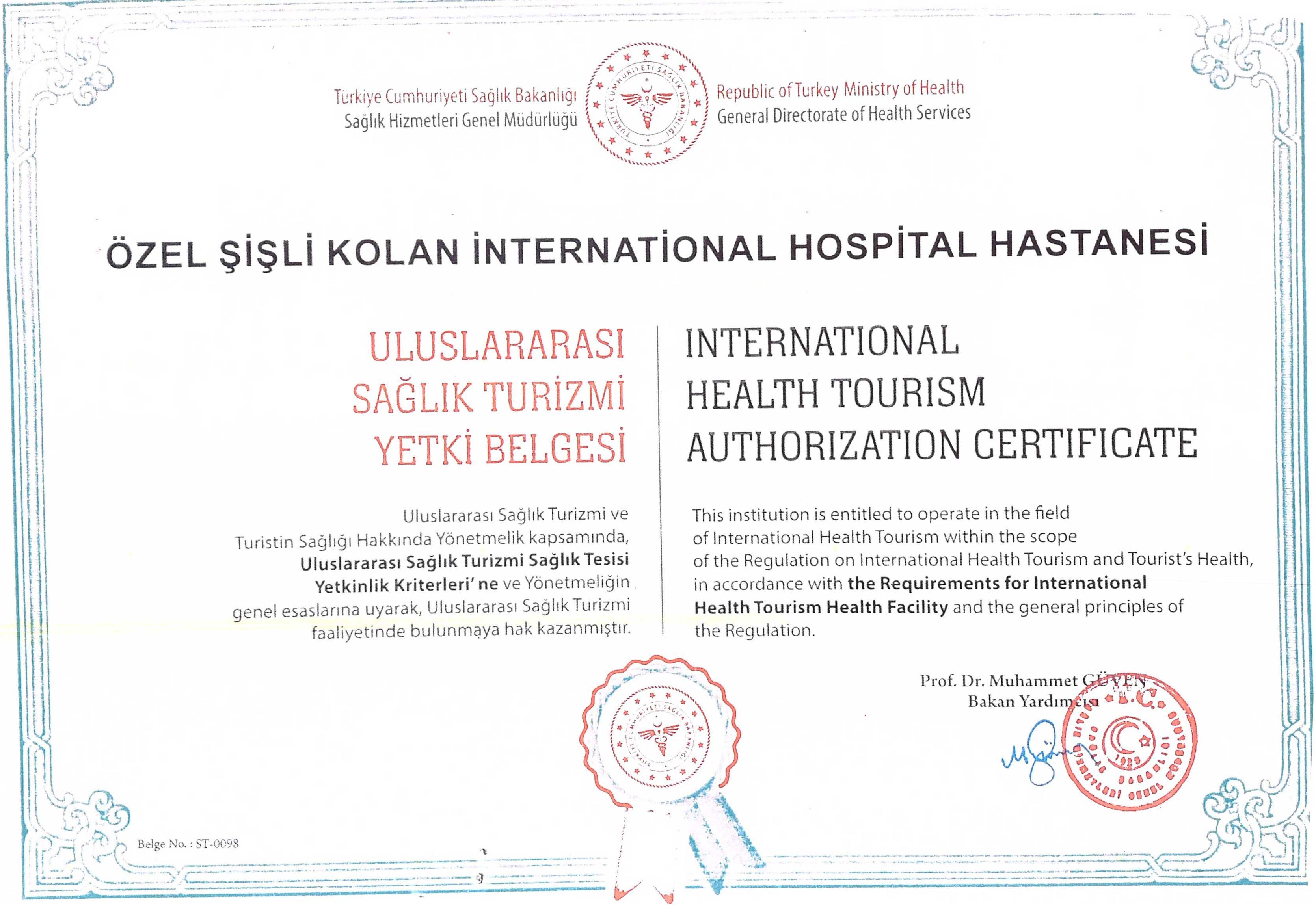 Sisli Kolan International Hospital Saglik Turizmi Yetki Belgesi